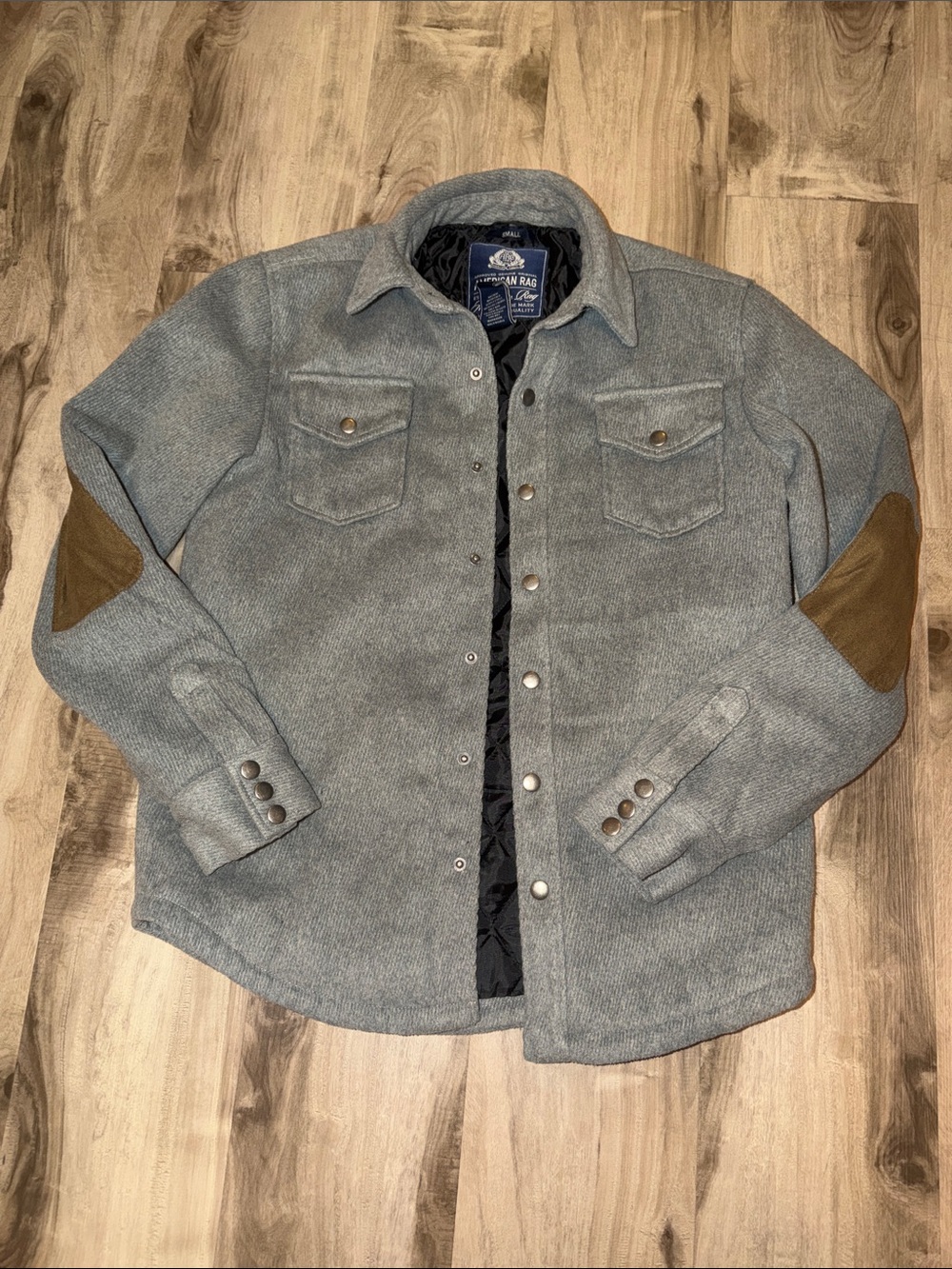 American Rag Wool Gray Shirt Jacket with Brown Elbow Patches snaps lined grey